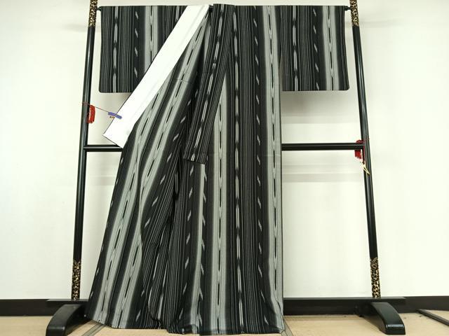 平和屋着物▽本塩沢　単衣　縞　正絹　逸品　AABE6908jh_2
