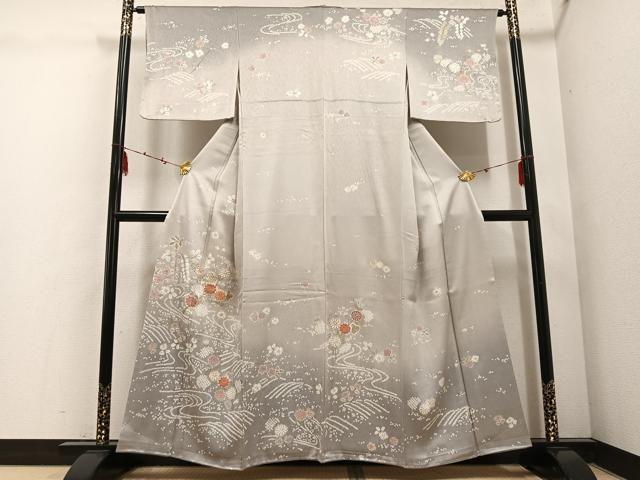 平和屋着物●訪問着　駒刺繍　絞り　流水花文　暈し染め　金彩　正絹　逸品　未使用　AABE6948ph