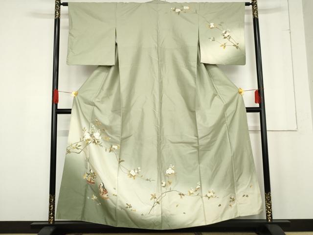 平和屋着物●訪問着　白山紬地　人物枝花文　正絹　逸品　AABE7021cs