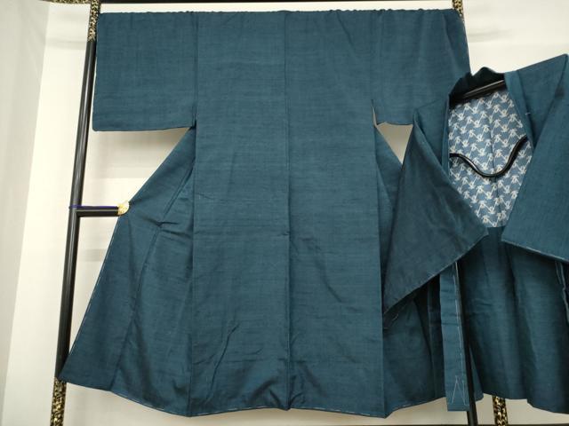 平和屋着物●男性　紬　アンサンブル　色無地　藍鉄色　正絹　逸品　AABE7724ck