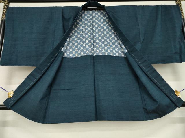 平和屋着物○男性 紬 アンサンブル 色無地 藍鉄色 正絹 逸品
