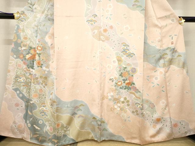 平和屋着物●訪問着　作家物　桃山　駒刺繍　道長花文　正絹　逸品　AABE7757ck 平和屋着物□訪問着 駒刺繍 立波枝梅笹文 暈し染め 正絹 逸品