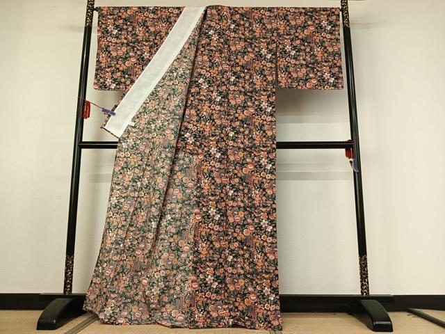 平和屋着物▽小紋　単衣　流水花文　黒地　洗える着物　AABE8074jh_2