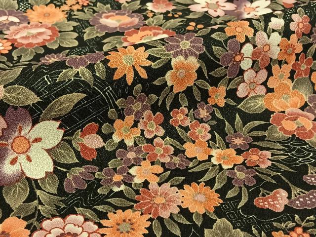 平和屋着物▽小紋　単衣　流水花文　黒地　洗える着物　AABE8074jh_5