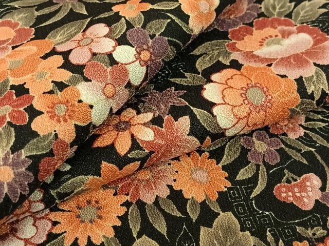 平和屋着物▽小紋　単衣　流水花文　黒地　洗える着物　AABE8074jh