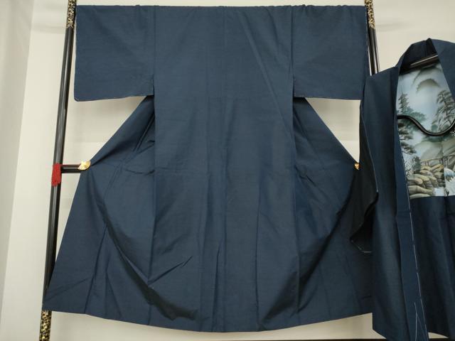 平和屋着物●男性　紬　アンサンブル　色無地　青褐色　正絹　逸品　未使用　AABE8216ck