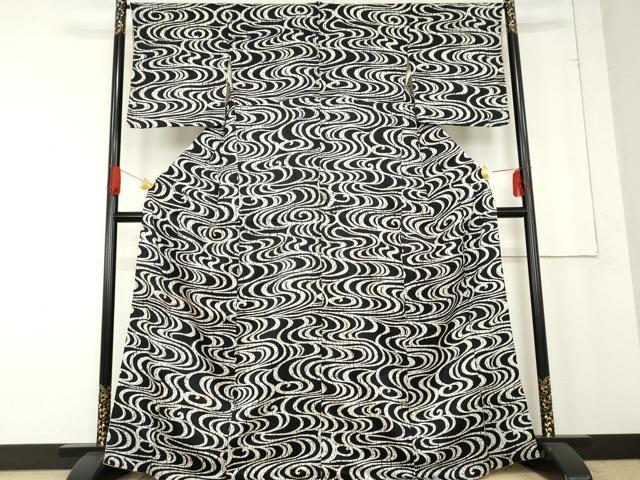 平和屋着物●訪問着　総絞り　駒刺繍　流水文　黒地　正絹　逸品　AABE8579cs