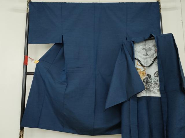 平和屋着物●男性　紬　アンサンブル　色無地　青藍色　羽裏：虎　正絹　逸品　AABE8584cs