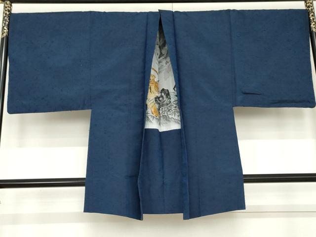 平和屋着物●男性　紬　アンサンブル　色無地　青藍色　羽裏：虎　正絹　逸品　AABE8584cs_5