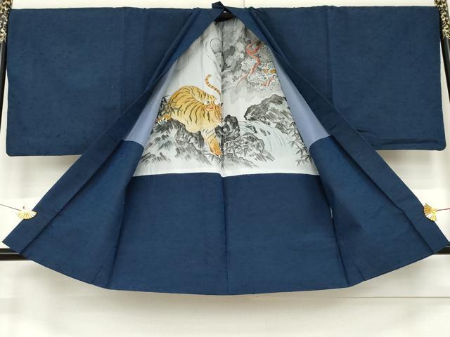 平和屋着物●男性　紬　アンサンブル　色無地　青藍色　羽裏：虎　正絹　逸品　AABE8584cs_6