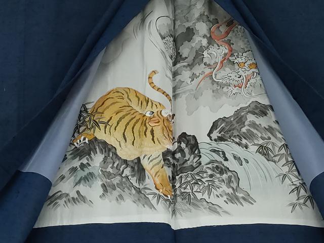 平和屋着物●男性　紬　アンサンブル　色無地　青藍色　羽裏：虎　正絹　逸品　AABE8584cs_7