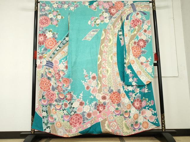 平和屋着物●名門　藤娘きぬたや・総絞り　振袖　吉祥草花文　正絹　逸品　AABE8586cs