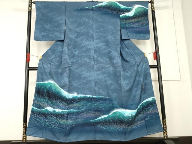 訪問着　フルセット　水滴　染色作家　青木龍雲　落款　難あり　練習用　着物　I3 平和屋着物○染色作家 青木龍雲 訪問着 立波文 八掛：マンタ 暈し染め