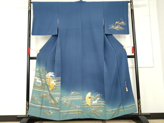 平和屋着物●螺鈿作家　藤本隆士　訪問着　立波に飛び兎　暈し染め　金銀彩　正絹　逸品　AABE8599cs