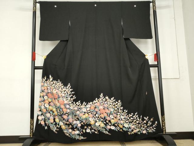 平和屋着物●豪華黒留袖　友禅　作家物　翠晶　花鳥文　正絹　逸品　AABE8608cs