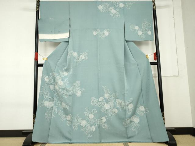 平和屋着物●創業460年・千總　訪問着　刺繍　ろうけつ染　枝花文　秘色色地　金糸　反端付き　正絹　逸品　AABE8632cs