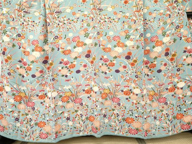 平和屋着物●豪華振袖　草花文　鬼しぼ縮緬　ますいわ屋扱い　正絹　逸品　AABE8641cs 平和屋着物○豪華振袖 草花文 鬼しぼ縮緬 ますいわ屋扱い 正絹 逸品