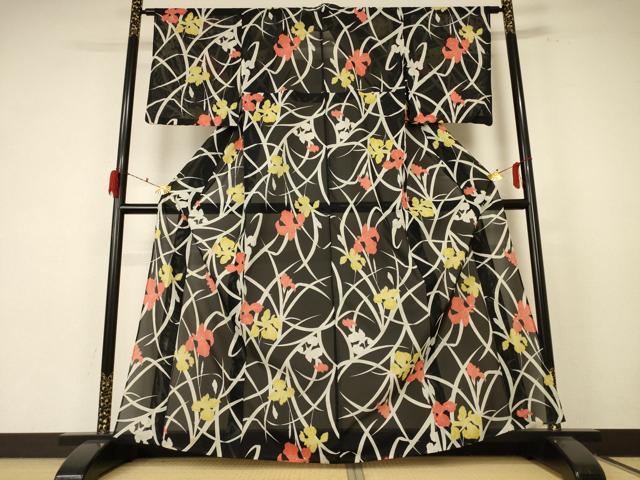 平和屋着物＊夏物　小紋　絽　草花文　洗える着物　AABE8973jd_1
