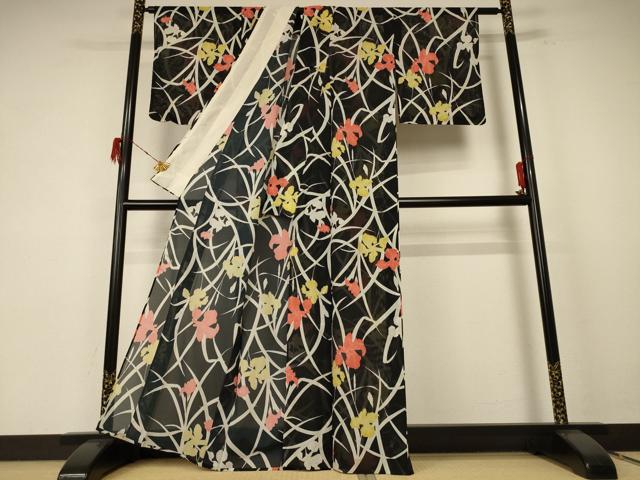 平和屋着物＊夏物　小紋　絽　草花文　洗える着物　AABE8973jd_2