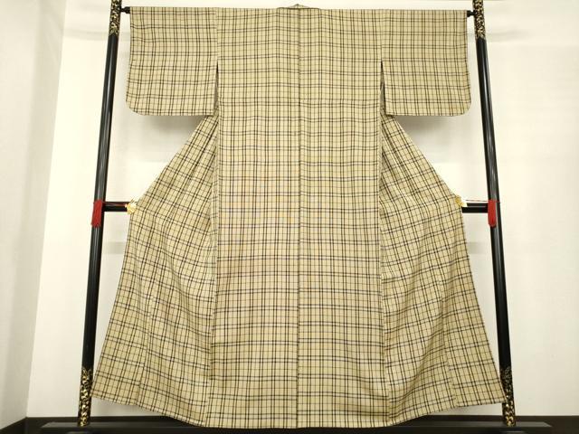 平和屋着物●ざざんざ織　伊兵衛織　単衣　格子　正絹　逸品　AABE9224ck_1