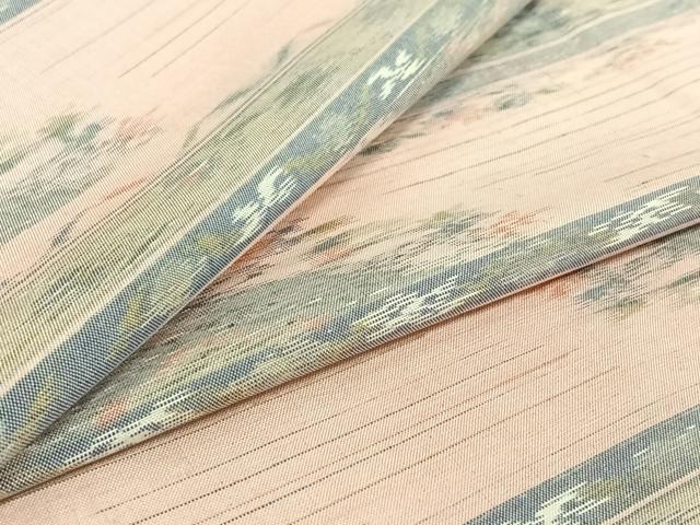 平和屋着物▽上質な紬　単衣　横段花文　正絹　逸品　AABF0110jh