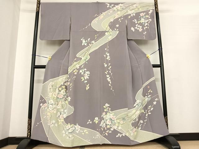 平和屋着物●友禅作家　岡部修治　訪問着　枝花文　暈し染め　金銀彩　ロング丈　正絹　逸品　AABF0231fy 平和屋着物○友禅作家 岡部修治 訪問着 枝花文 暈し染め 金銀彩 ロング