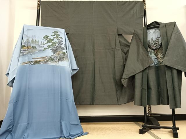 平和屋着物●男性　本場大島紬　アンサンブル　長襦袢(袷)セット　格子　正絹　逸品　未使用　AABF0316fy
