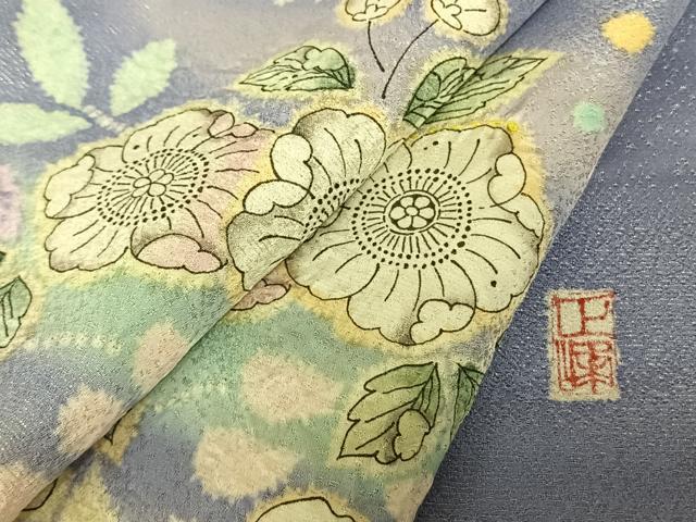 平和屋着物●訪問着　作家物　辻が花　暈し染め　銀通し地　ロング丈　正絹　逸品　AABF0683fy