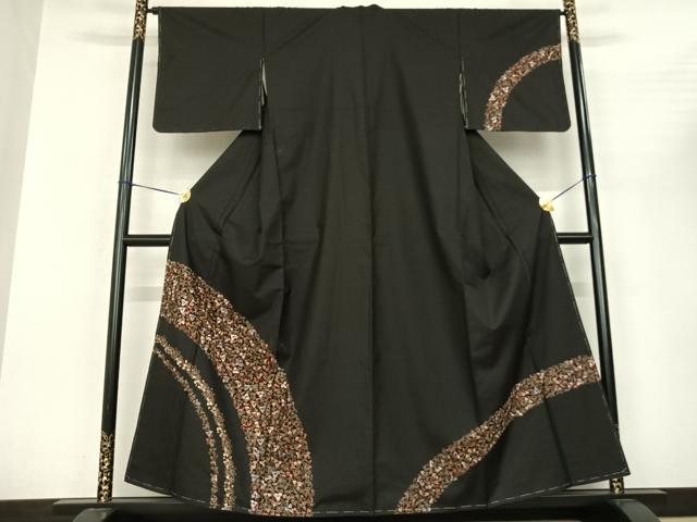 平和屋着物●訪問着　本場大島紬　総刺繍　葡萄蔦の葉文　黒地　金糸　正絹　逸品　AABF0689fy 平和屋着物○訪問着 本場大島紬 総刺繍 葡萄蔦の葉文 黒地 金糸 正絹