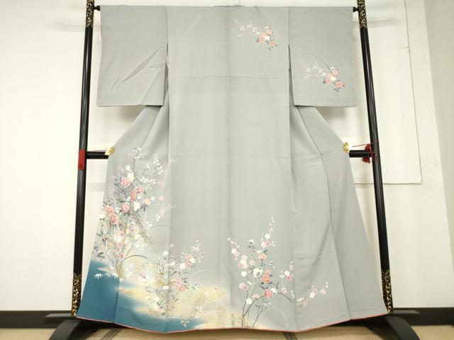 平和屋着物●訪問着　友禅　流水鴛鴦花文　暈し染め　金彩　正絹　逸品　AABF0890ck