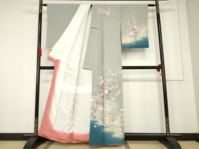 平和屋着物●訪問着　友禅　流水鴛鴦花文　暈し染め　金彩　正絹　逸品　AABF0890ck_1
