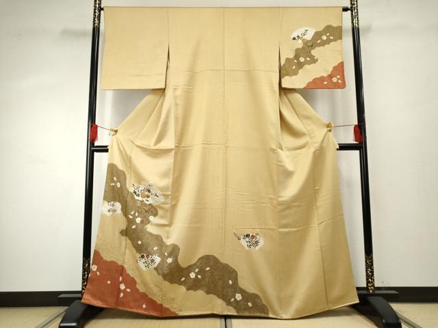 平和屋着物●訪問着　駒刺繍　地紙枝花文　金銀彩　正絹　逸品　AABF1052cs