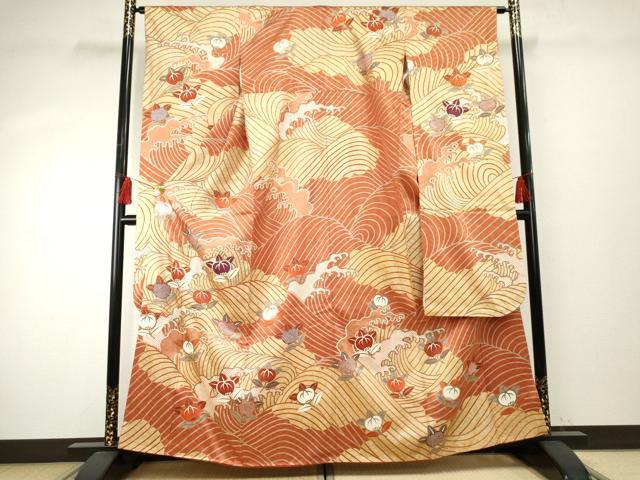 平和屋着物●十日町老舗ブランド　吉澤友禅　吾妻徳穂　振袖　駒刺繍　立波に橘　金彩　正絹　逸品　AABF1056cs