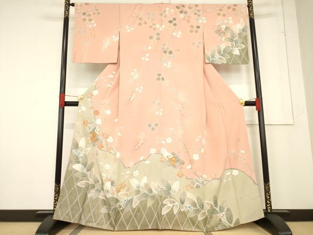 平和屋着物○お召 市松文様 こげ茶色 正絹 逸品 未使用 AABF9144csの