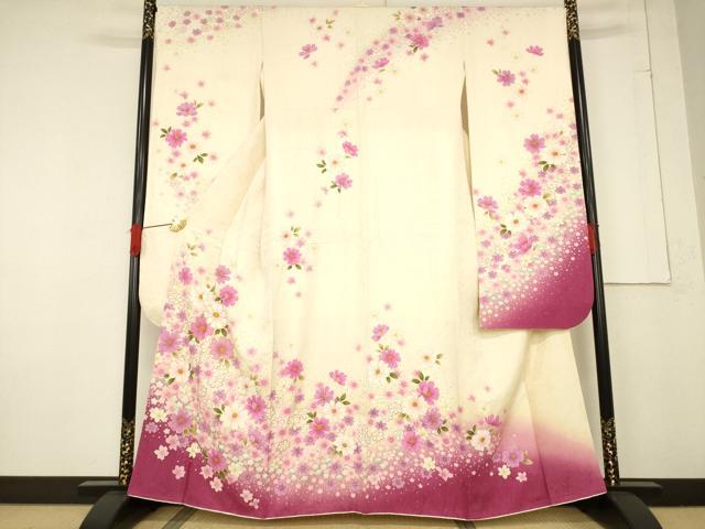 平和屋着物●豪華振袖　舞花文　暈し染め　金彩　銀通し地　さが美扱い　正絹　逸品　AABF1336ck
