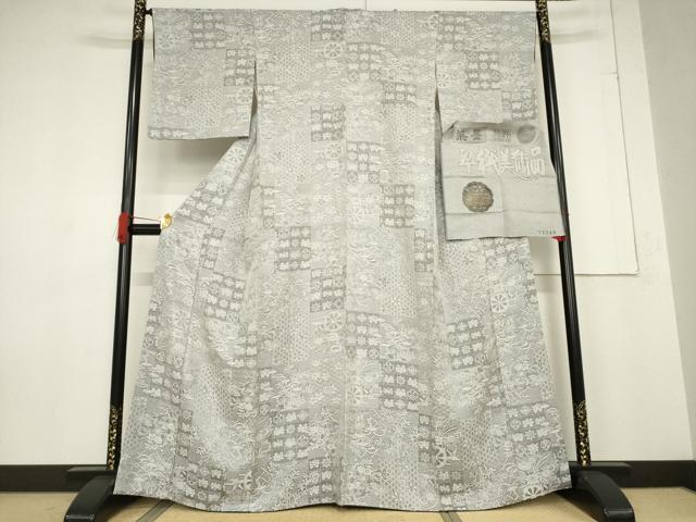 平和屋着物●山岡古都・古都染人　染織美術品　薬墨染　天目織　お召　市松吉祥花文　正絹　逸品　AABF1366ck 35,490円