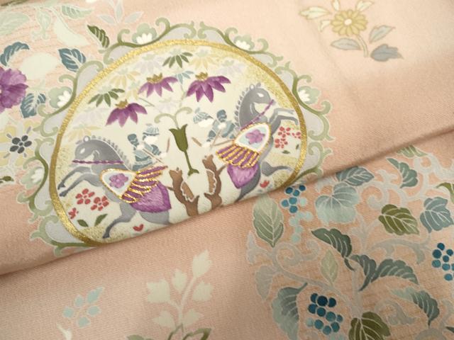 平和屋着物●京の名門　じゅらく謹製　訪問着　駒刺繍　狩猟花丸文　暈し染め　金糸　金彩　正絹　逸品　AABF2022cs_4