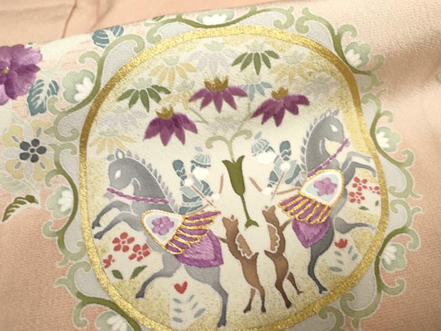 平和屋着物●京の名門　じゅらく謹製　訪問着　駒刺繍　狩猟花丸文　暈し染め　金糸　金彩　正絹　逸品　AABF2022cs_5