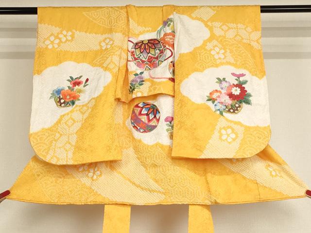 平和屋着物[]七五三　女の子　３歳　祝着　一つ身　総刺繍　絞り　花手毬文　金糸　正絹　逸品　AABF2174ja