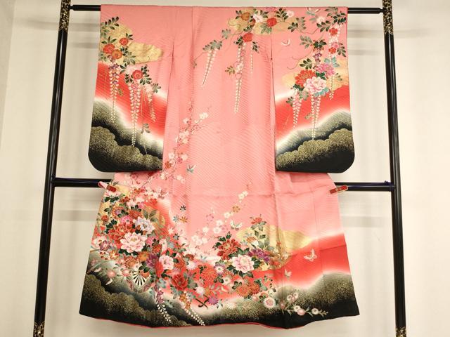 平和屋着物[]七五三　女の子　７歳　祝着　四つ身　花車文　暈し染め　金彩　正絹　逸品　AABF2309ja