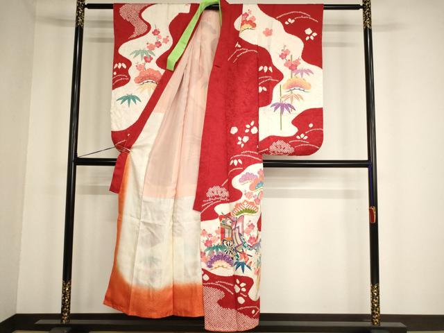 平和屋着物∵女の子　十三参り　子供　祝着　友禅　絞り　松竹梅御所車文　金彩　正絹　逸品　AABF2331ja_1