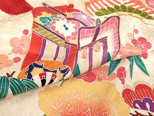 平和屋着物∵女の子　十三参り　子供　祝着　友禅　絞り　松竹梅御所車文　金彩　正絹　逸品　AABF2331ja_4