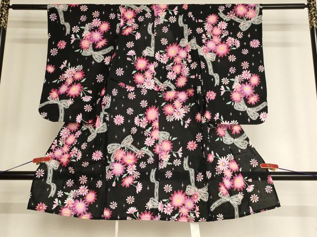 平和屋着物＊夏物　浴衣　子供　女の子　リボン　舞花文　ラメ　黒地　綿　逸品　AABF2349ja