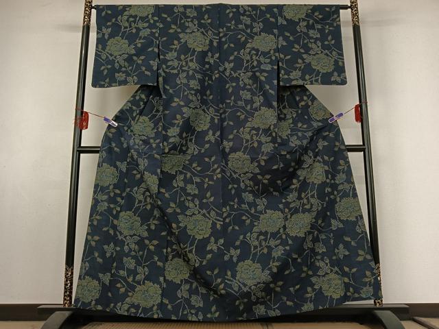 平和屋着物▽上質な紬　単衣　草花文　正絹　逸品　AABF2533jh_1