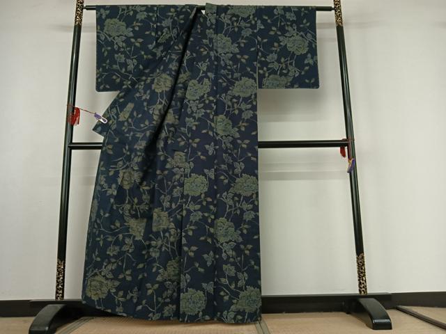 平和屋着物▽上質な紬　単衣　草花文　正絹　逸品　AABF2533jh_2