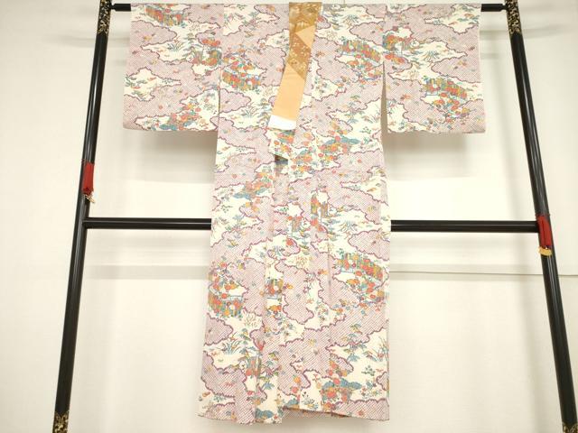 平和屋着物●長襦袢　単衣　型染め　風景花文　正絹　逸品　AABF2902ck
