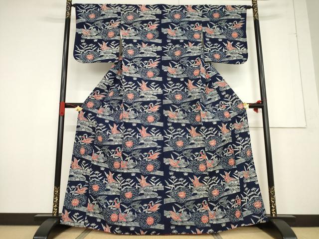 平和屋着物●浦野理一　型染　小紋　流水花鳥文　正絹　逸品　AABF2903ck_1