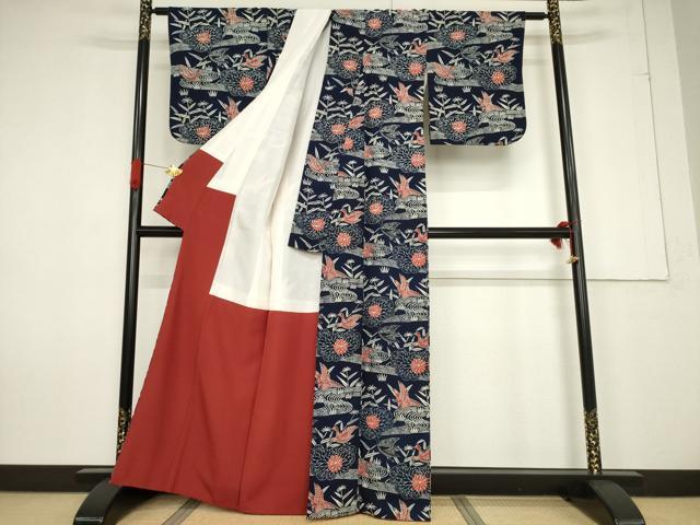 平和屋着物●浦野理一　型染　小紋　流水花鳥文　正絹　逸品　AABF2903ck_2