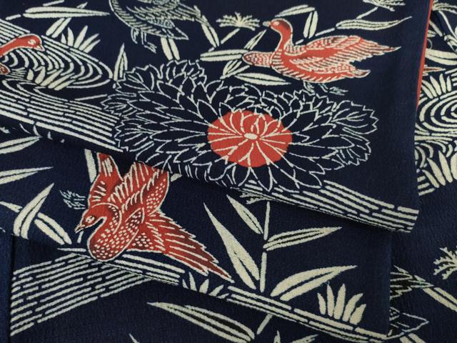 平和屋着物●浦野理一　型染　小紋　流水花鳥文　正絹　逸品　AABF2903ck
