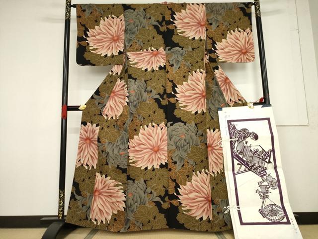 平和屋着物●創業460年・千總　小紋　大輪の菊　丹後ちりめん　反端・たとう紙付き　正絹　逸品　AABF2906ck